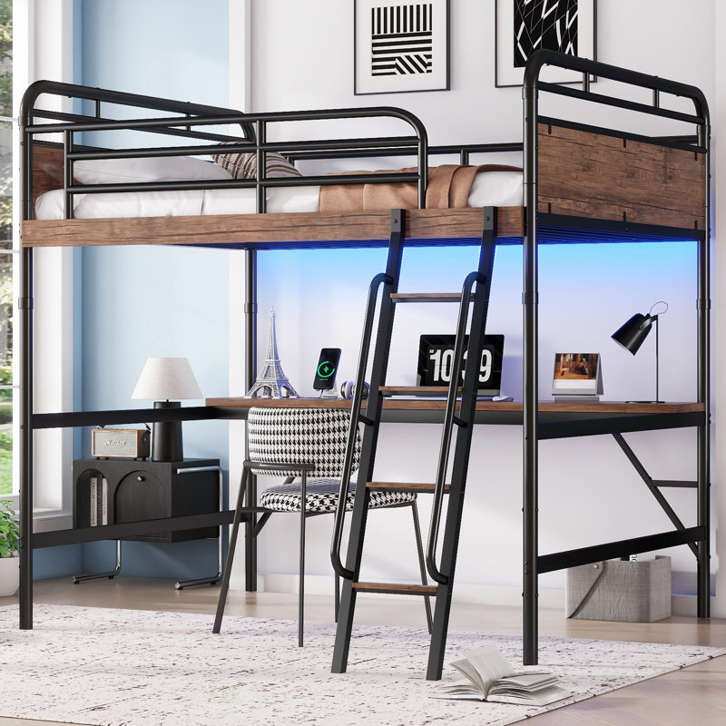 Lit mezzanine double en métal avec bureau, lumière DEL et station de charge pour la vie moderne
