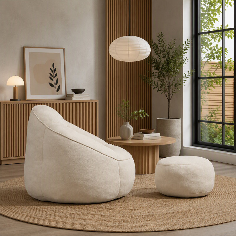 Fauteuil à billes avec repose-pieds, Beige
