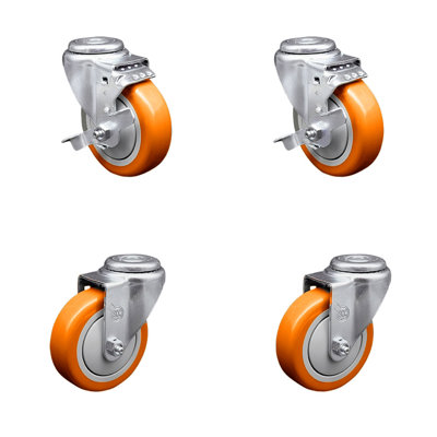 4 Inch Orange Polyurethane Wheel Swivel Bolt Hole Caster Set with 2 Brake SCC