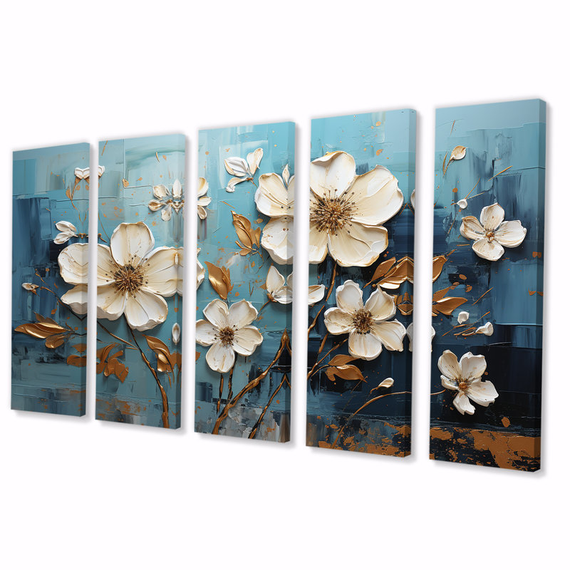 Orchidée blanche blanche et bleue, jardin de branches V - Art mural floral abstrait 5 pièces pour le salon, H 32 po x l 80 po