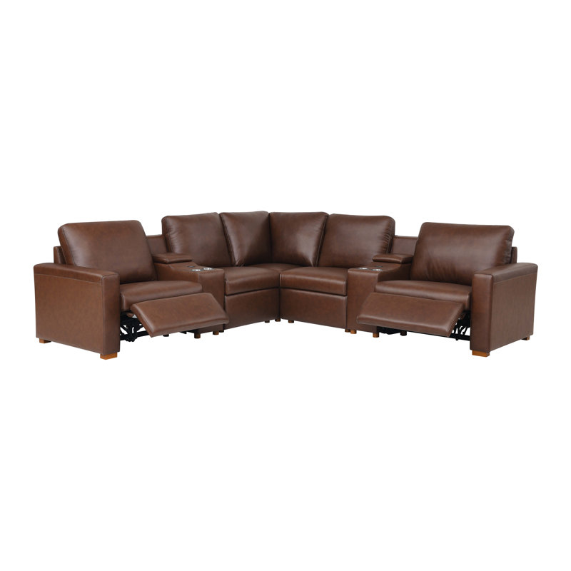 132" W Hudson Recliner Leather-Matched Sectional, Brown Leather Match