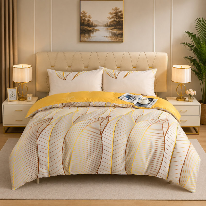 Complete Bedding Set Bliss Gold Leaves Duvet Cover, Matching Fitted Sheet & Pillowcases