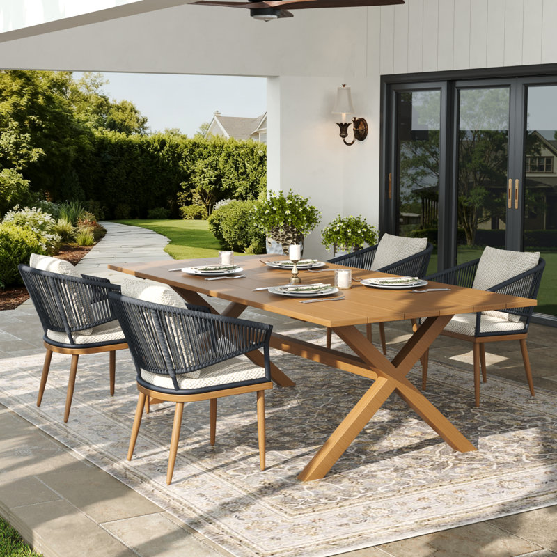 Rectangular Outdoor Dining Set With Cushions, Beige/Brown Wood/Grey/Brown, 4