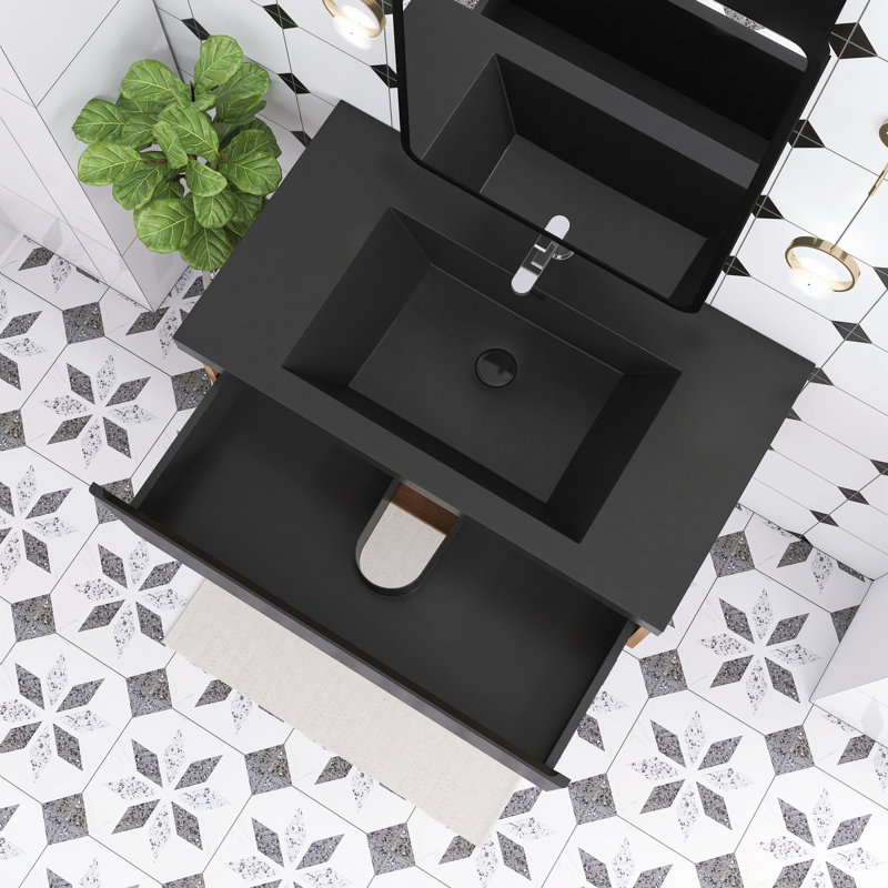 Meuble-lavabo mural simple 36 po en chêne avec plateau en résine intégré