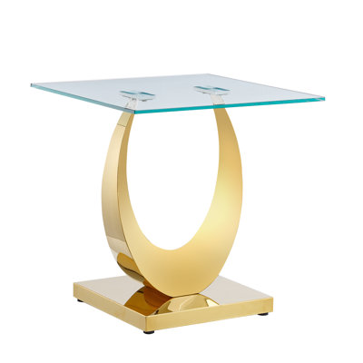 Luxury Square End Table, 22.8" Sofa Side Table with Moon-Shape Stainless Steel Frame and Clear Glass Top, Cocktail Tea Table, Modern Glass End Table for Home Office
