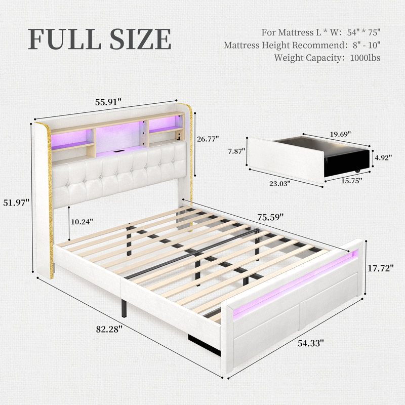 Bed Frame with Bookcase Storage Headboard and 2 Drawers Upholstered Tufted Wingback Beds, Cream, Full
