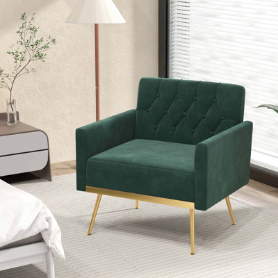 Chaise d'appoint moderne en velours avec dossier capitonné et pieds en métal doré 