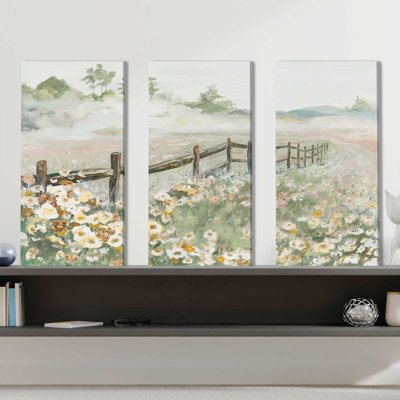 «Fence With Flowers», reproduction sur toile 3 pièces