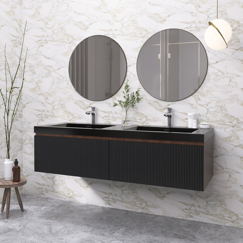 Meuble-lavabo moderne à rayures avec lavabo double, 59"