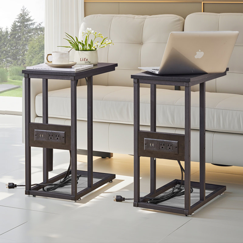 C End Table With USB And Built-In Outlets, Black Top/Black Base