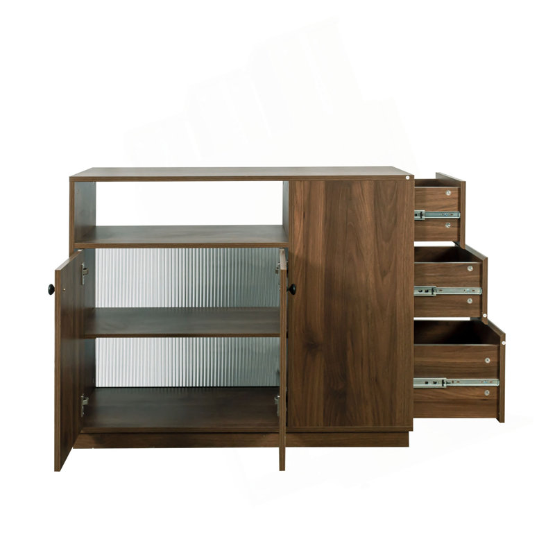 Kitchen Sideboard, Small  Countertop Organizer, Tabletop Cabinet With 2 Glass Sliding Door,3 Side Drawers & 1 Small Display Shelves, Counter Cabinet For Kitchen, Living Room, Dinning Area