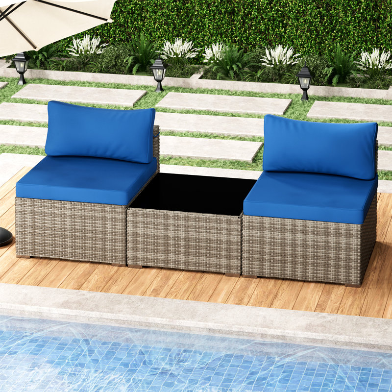 Ensemble de meubles de patio 3 pièces avec coussins anti-éclaboussures Table basse en verre trempé et canapé en osier à pieds réglables