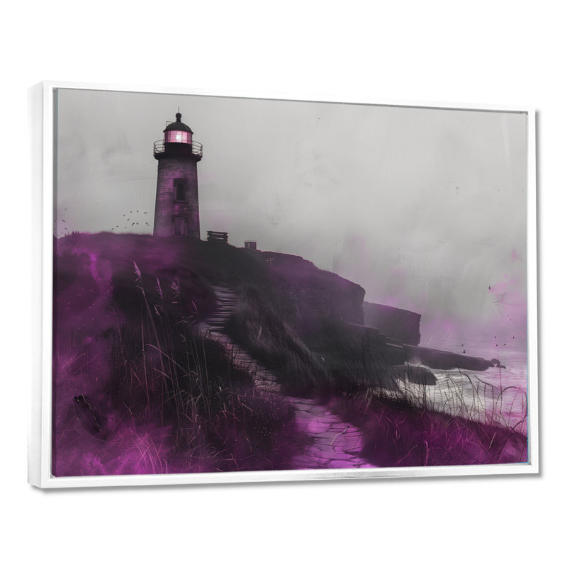 Mauve et gris, phare brumeux, rocher I - phares, art mural, Cadre flottant blanc, 12" H x 20" W