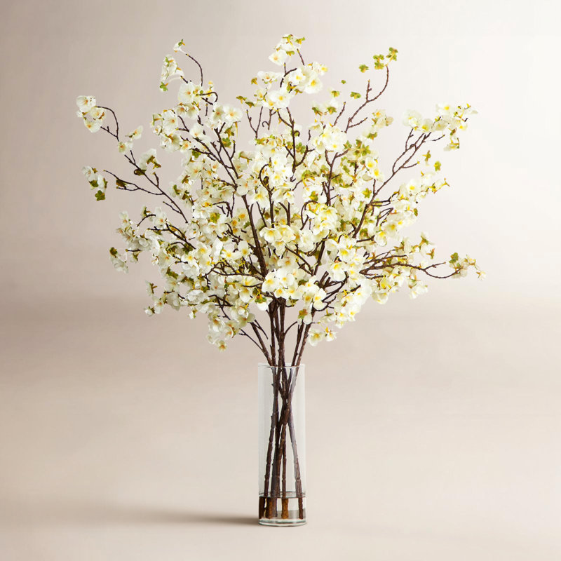32 po Arrangement de fleurs de cerisier artificielles dans un vase en verre cylindrique, Blanc
