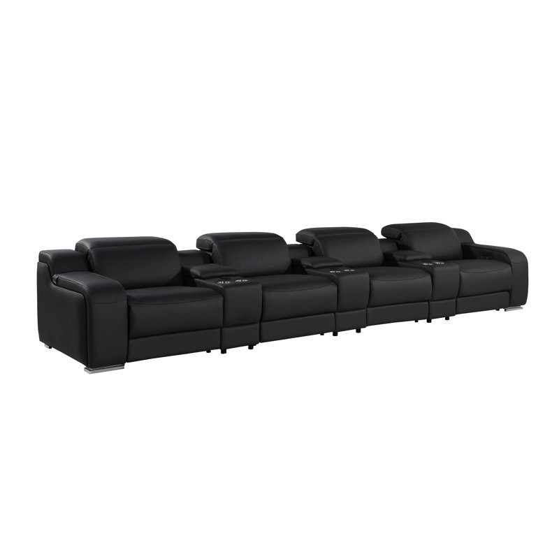 Canapé inclinable 7 pièces en cuir italien 7 pièces avec repose-tête électrique, Black Genuine Leather