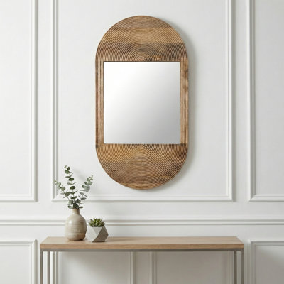 Mirror Mango Wood and Glass Arched Boho Design 34"x18"x1" Brown with Carved Woodgrain Texture for Home Office Bedroom Living Room Wall Decor Vertical Hanging Oval Frame Rustic Finish.