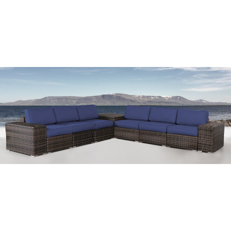 Ensemble de conversation en osier pour 6 personnes avec coussins Demarest, Bleu marine Sunbrella