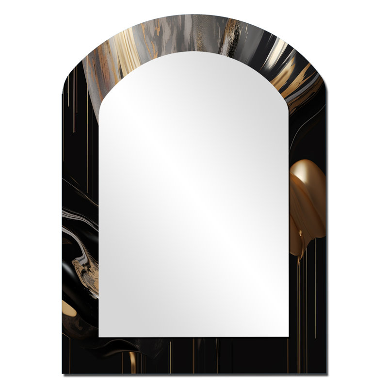 Miroir mural unique en forme d'arche de marbre Ladores doré et noir captivant II, 34 po x 25 po