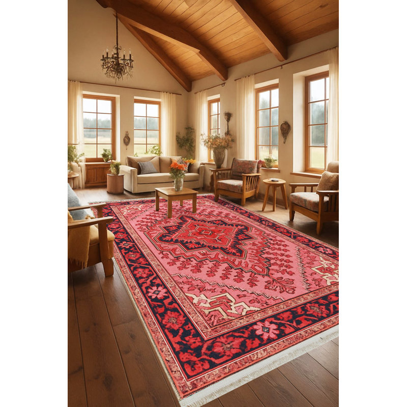 Tapis rose tissé à envers lavable traditionnel Mosso, 3'3" x 9'10"