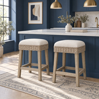 Durham Backless Counterstool With Upholstered White Seat, Natural