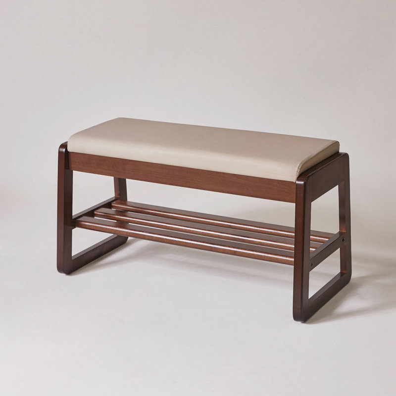 Banc de rangement à chaussures relevable avec siège en cuir végétalien et tablettes étagées, Blanc cassé
