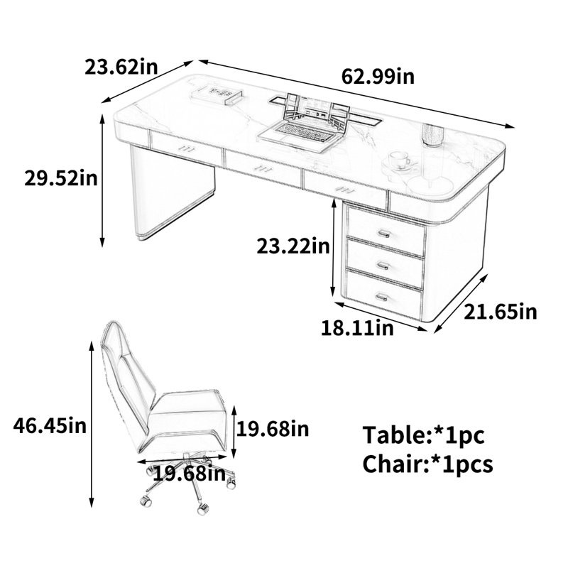Bureau élégant et tendance, H 29,52 po x l 62,99 po x P 23,62 po