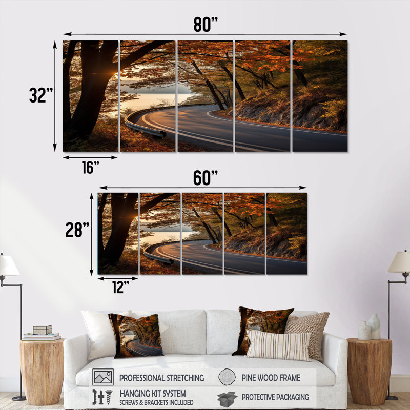 Forest Road In Autumn - Road, art mural 5 pièces, H 28 po x l 60 po