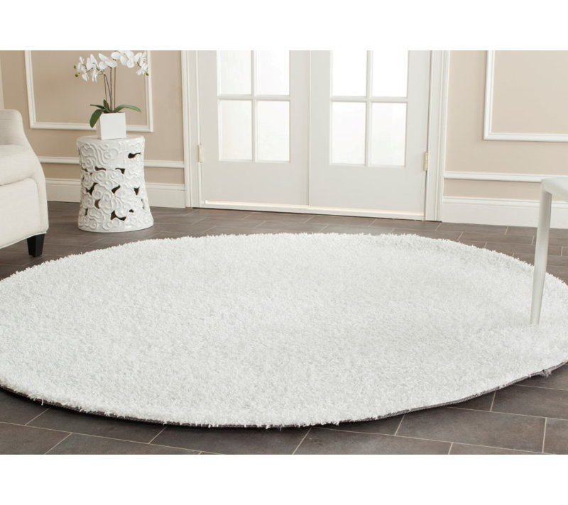 Assar Handmade Shag White Area Rug , Round 5'