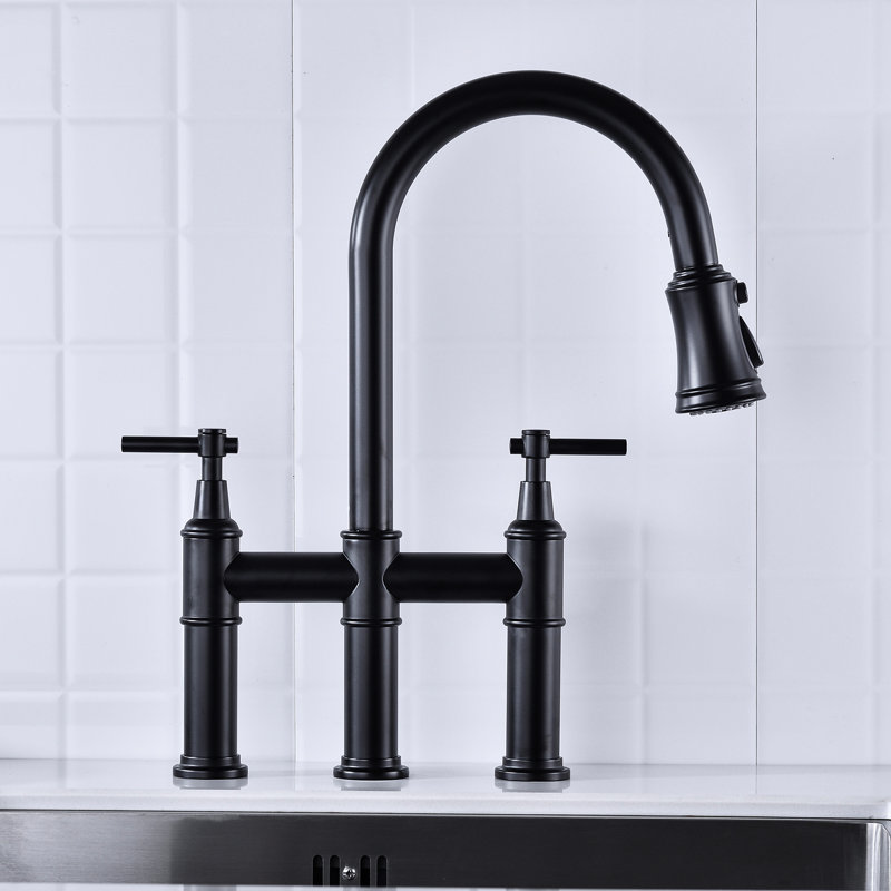 Matte Black Pull-Down Kitchen Faucet - Dual Handles For Precise Temperature And Flow Regulation 360-Degree Rotating High Nozzle Enlarged Cleaning Reach Brass Made Durability Bridge Efficient Handle