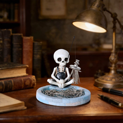 Halloween Decor Funny Skeleton Fishing Paperclip Magnetic Desktop Organizer With Resin Figurine Metal Clips For Office Halloween Desk Decor