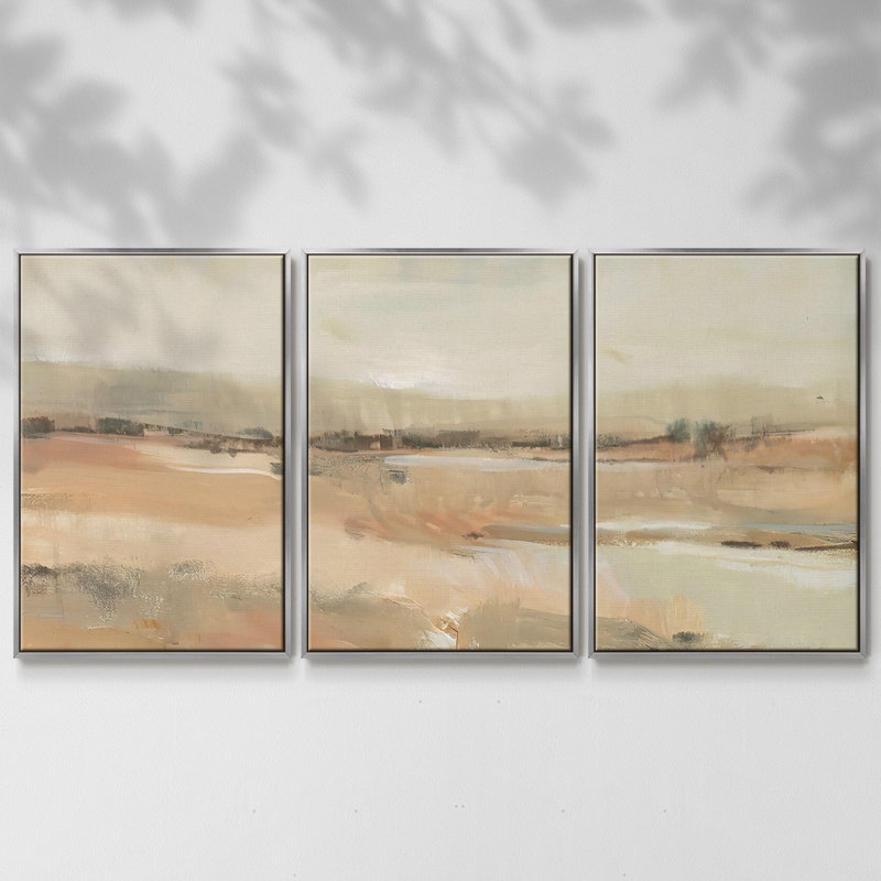 Earth Tone Landscape I - Toile encadrée à pièces multiples, H 36 po x l 75 po, Encadrement argenté