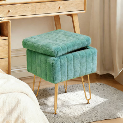 Vanity Stool Chair With Storage, Ottoman Faux Fur Soft Padded Makeup Footstools Seat With 4 Metal Legs Anti-Slip Adjustable Feet Modern Cute Small Footrest For Home Entryway Bedroom