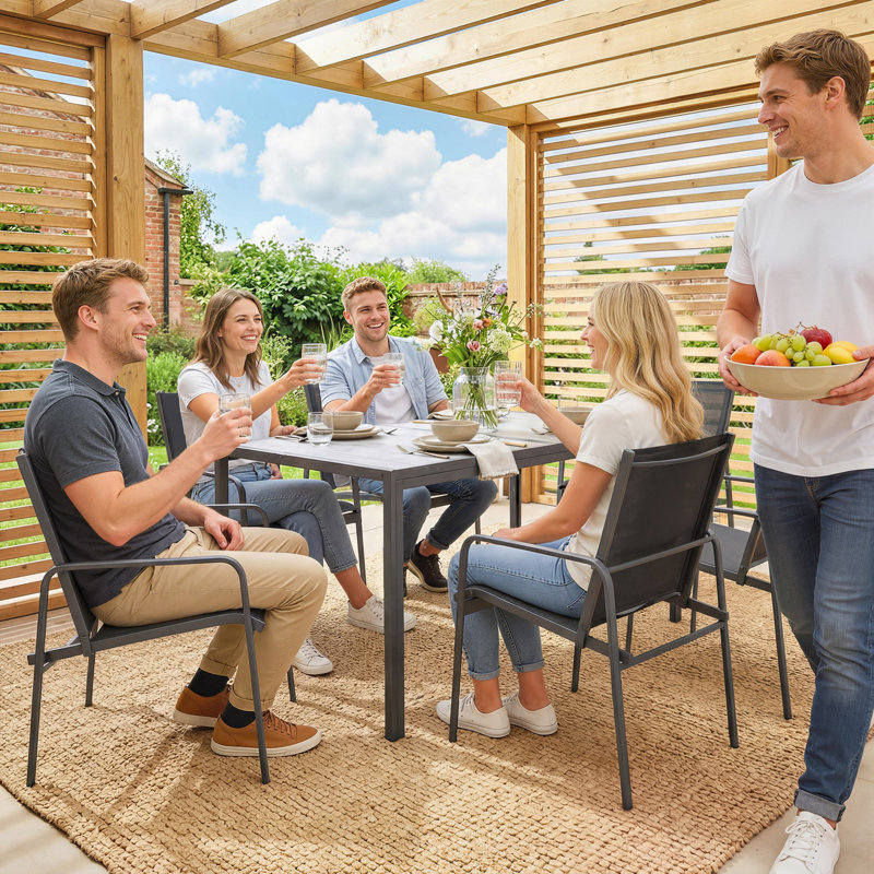 Ensemble repas d'extérieur pour 6 personnes, table de patio et chaises en faux bois, noir