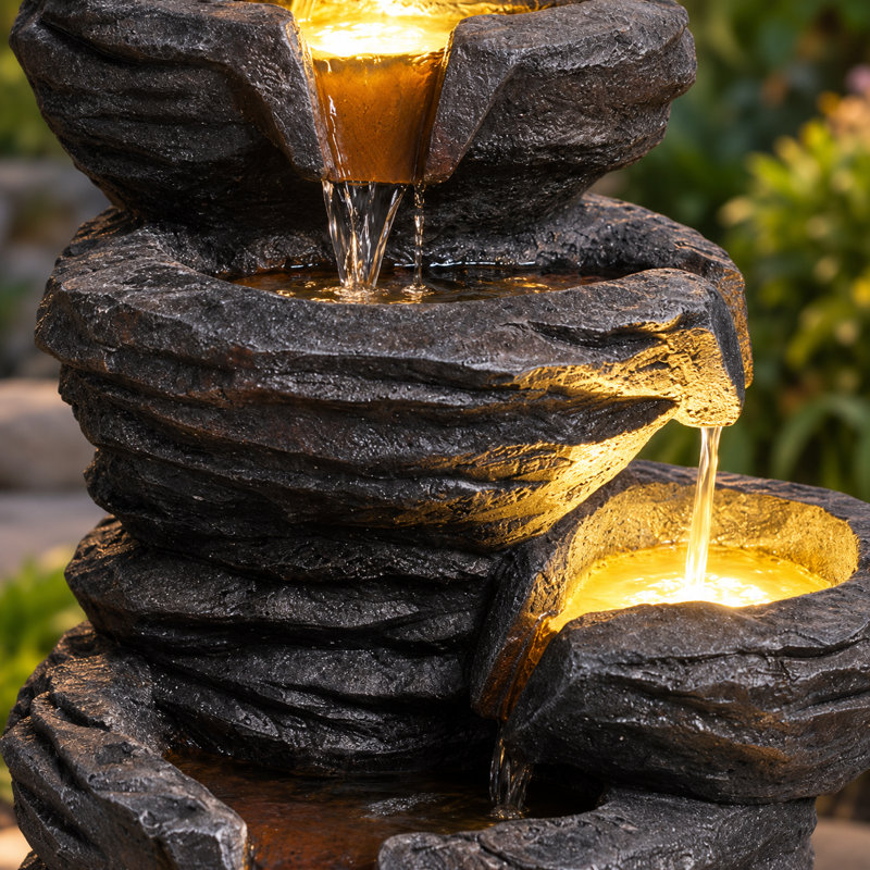 Fontaine d'extérieur avec lumières DEL, fontaine de jardin en résine empilée en pierre de 25,6 po, Noir