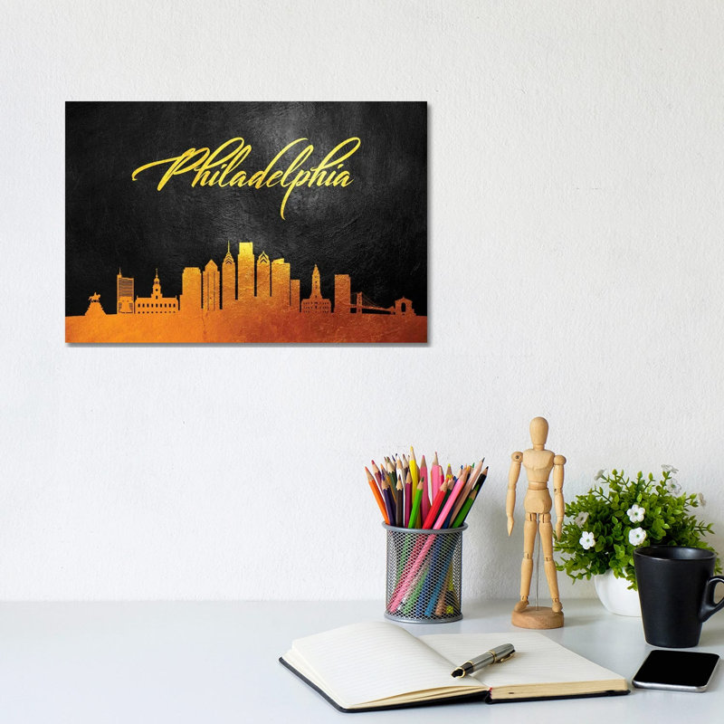Philadelphia Pennsylvania Gold Skyline by Adrian Baldovino - Wrapped Canvas Print, 20.32 cm H x 30.48 cm W