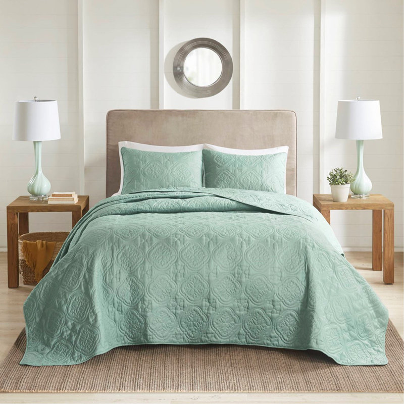 Ensemble de couvre-lit réversible 3 pièces écume de mer, Couvre-lit de très grande taille et 2 taies déco, Vert