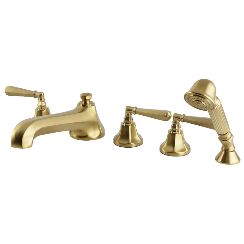 Kingston Brass Metropolitan Three-Handle 5-Hole Deck Mount Roman Tub Faucet with Hand Shower, Brushed Brass