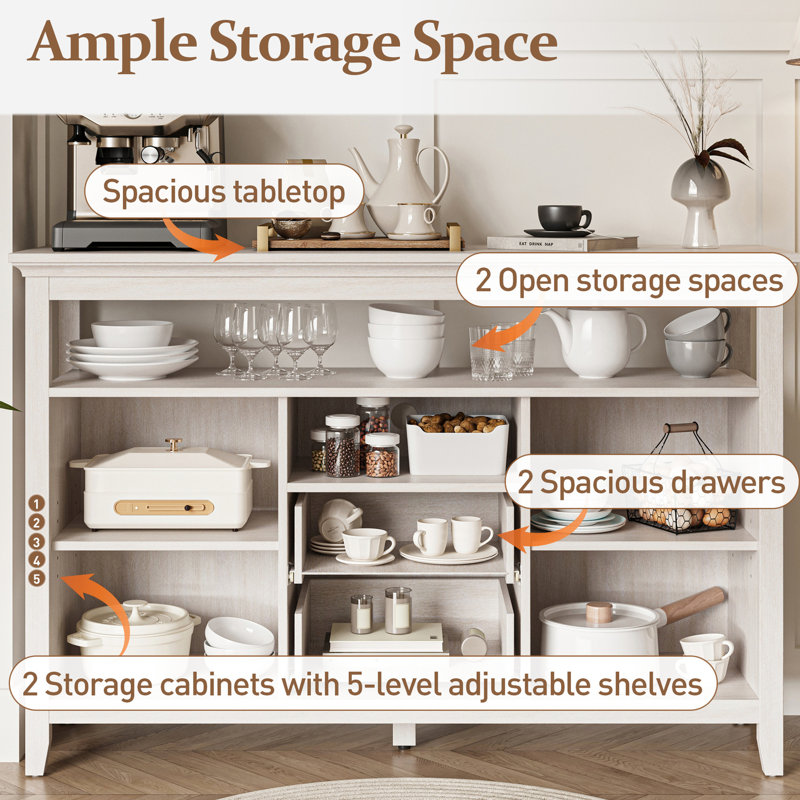 Buffet de 52,8 po, armoire de cuisine avec grand rangement - bois blanc et armoire d'appoint, tablettes à thème réglables blanches, P 53 po x l 36 po H 16 po, poids 90 lb