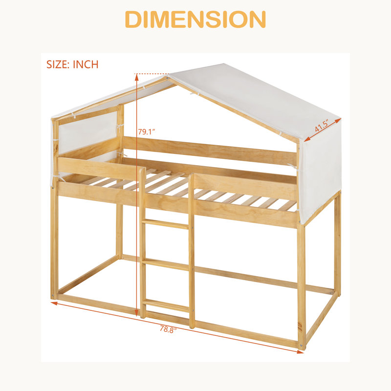 Lit simple superposé en bois avec tente, Naturel