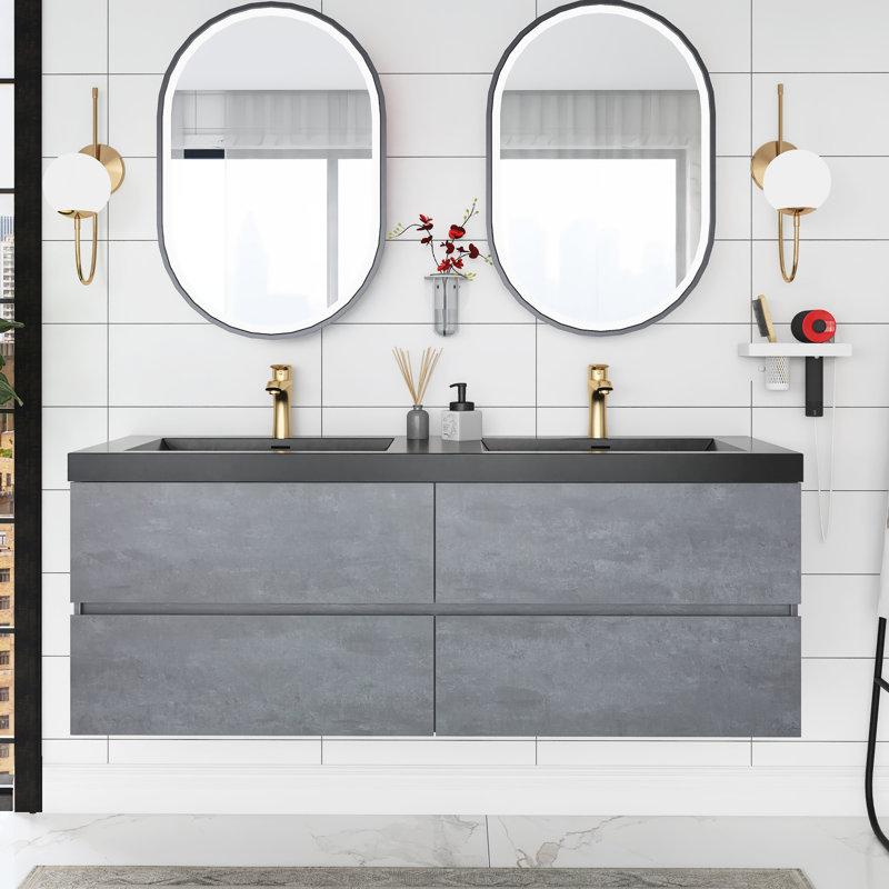Meuble-lavabo mural double 60 po avec comptoir en quartz Ryter