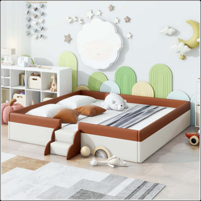 King Upholstered Daybed with Fence and Stairs
