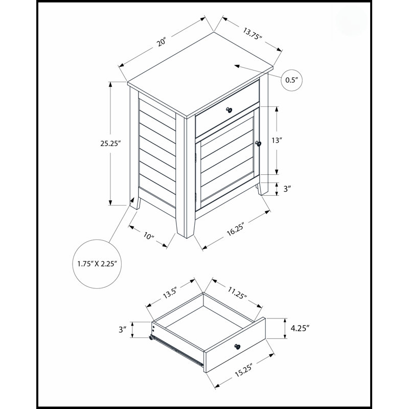 Table d'appoint d'inspiration côtière avec tiroir de rangement et armoire pour le salon ou la chambre à coucher, finition en placage gris délavé.