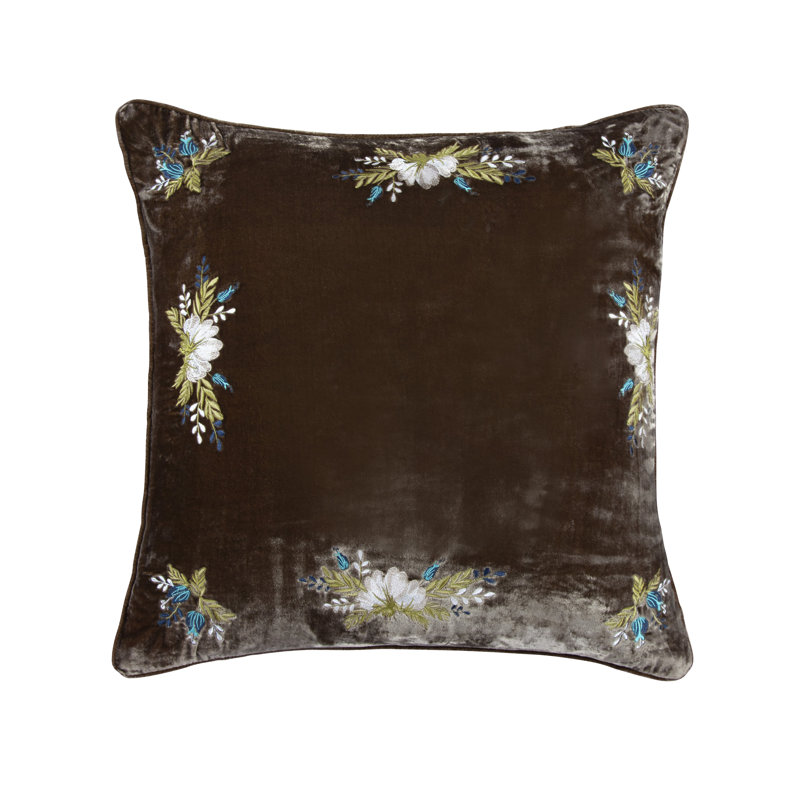 Green Ochre Floral Embroidered Silk Velvet Square Pillow