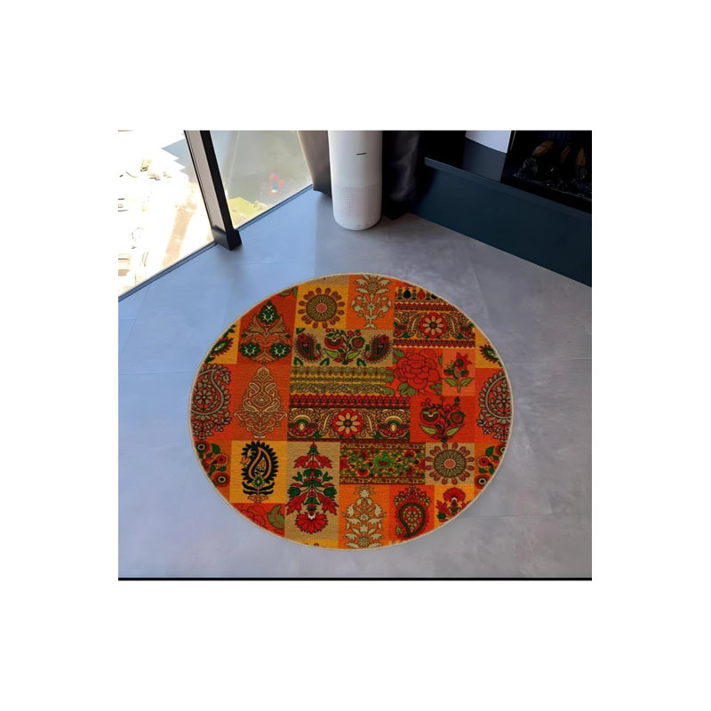 Modern Decorative Carpet With Ethnic Patterns In Orange Tones, Round 2'8"