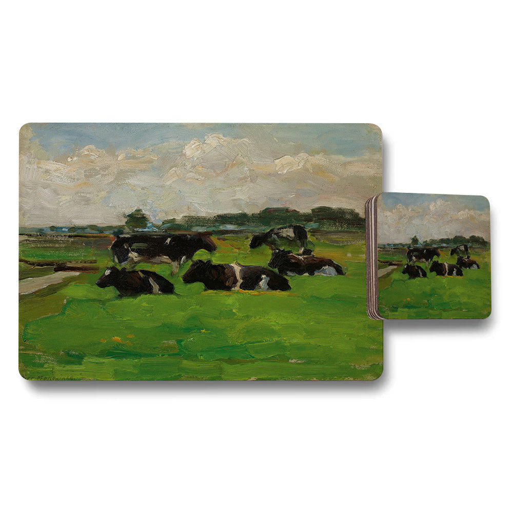 Horses Resting In Green Meadow Impressionist Landscape Placemat And Coaster Set