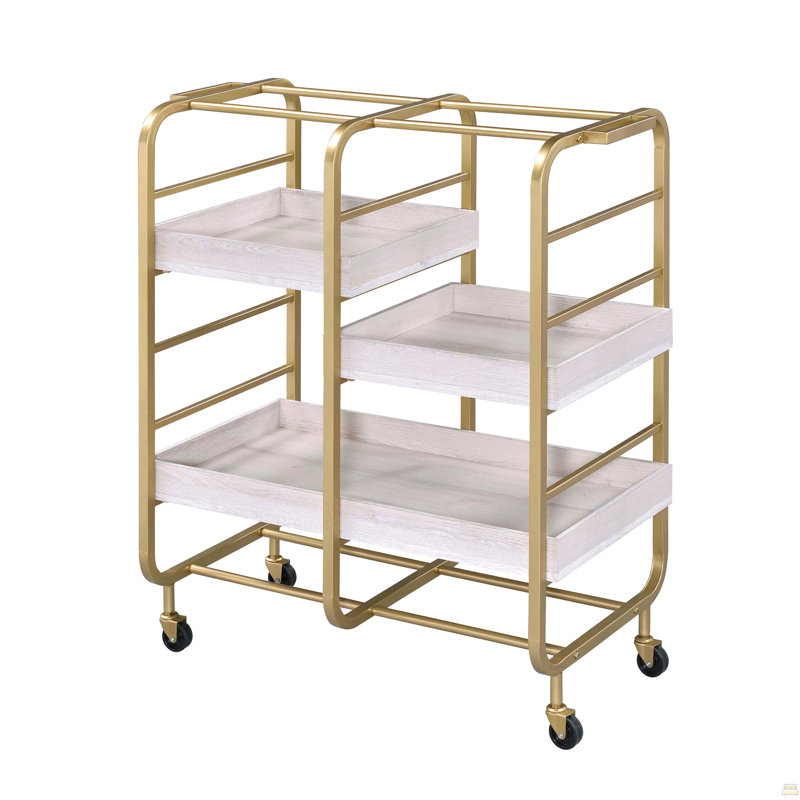 Chariot de service doré et blanc délavé avec 3 plateaux réglables