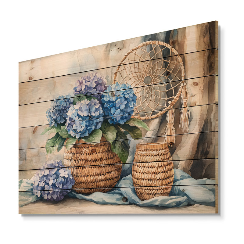 Boho Blue Hydrangea Bliss I - Hydrangea Wood Wall Art - On Natural Pine Wood, 10" H x 20" W