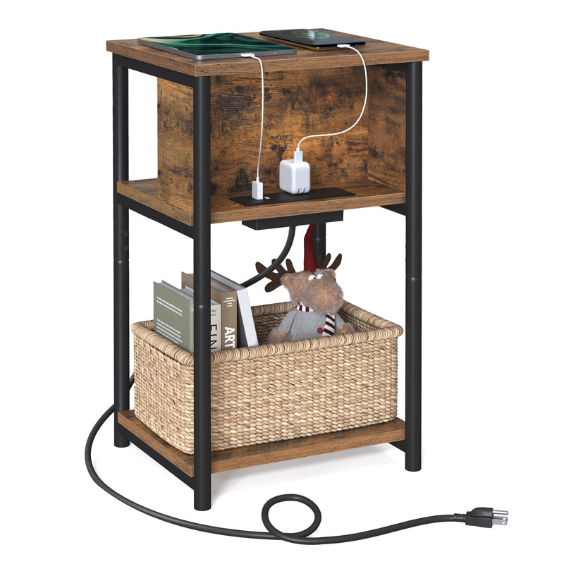 Table d'appoint avec station de charge, Brun rustique / noir