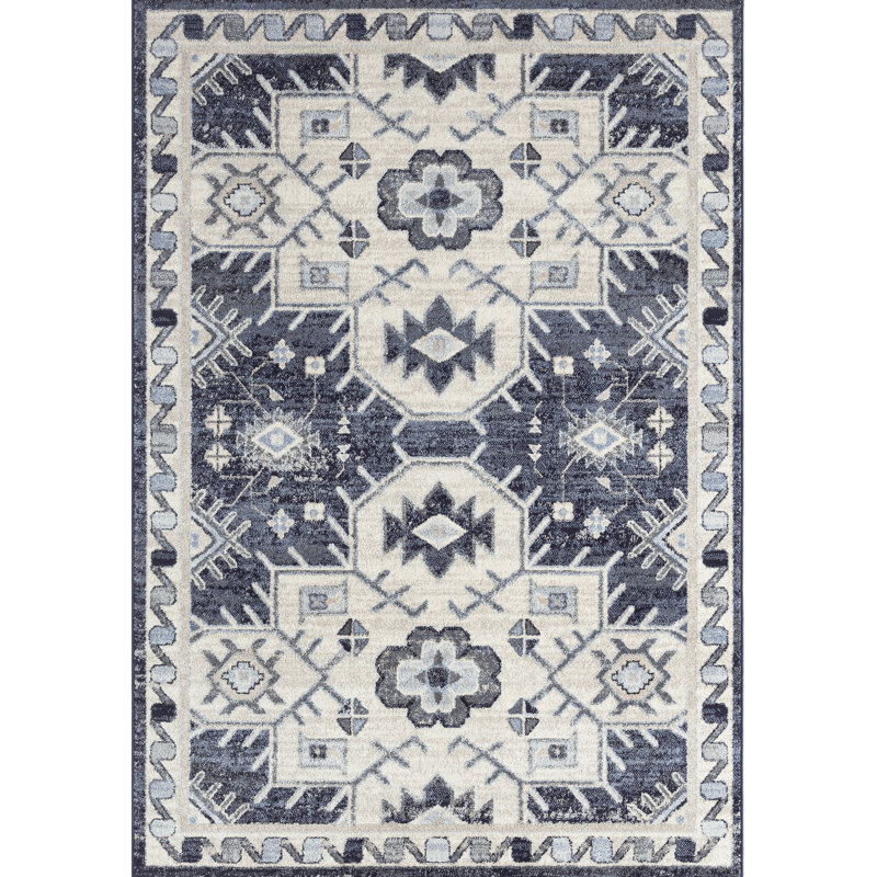 Tapis bleu à motif géométrique, Rectangle 7 pi 9 po x 10 pi 2 po