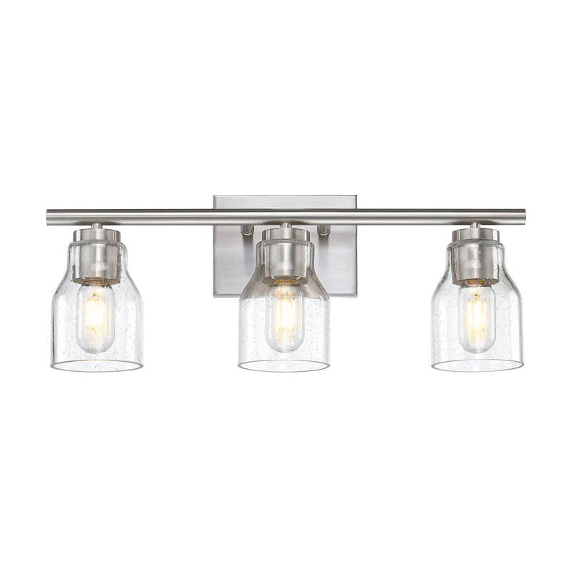 Éclairage pour salle de bain 3 lumières 21,5 po en nickel brossé avec abat-jour en verre bullé transparent, Nickel brossé, 3